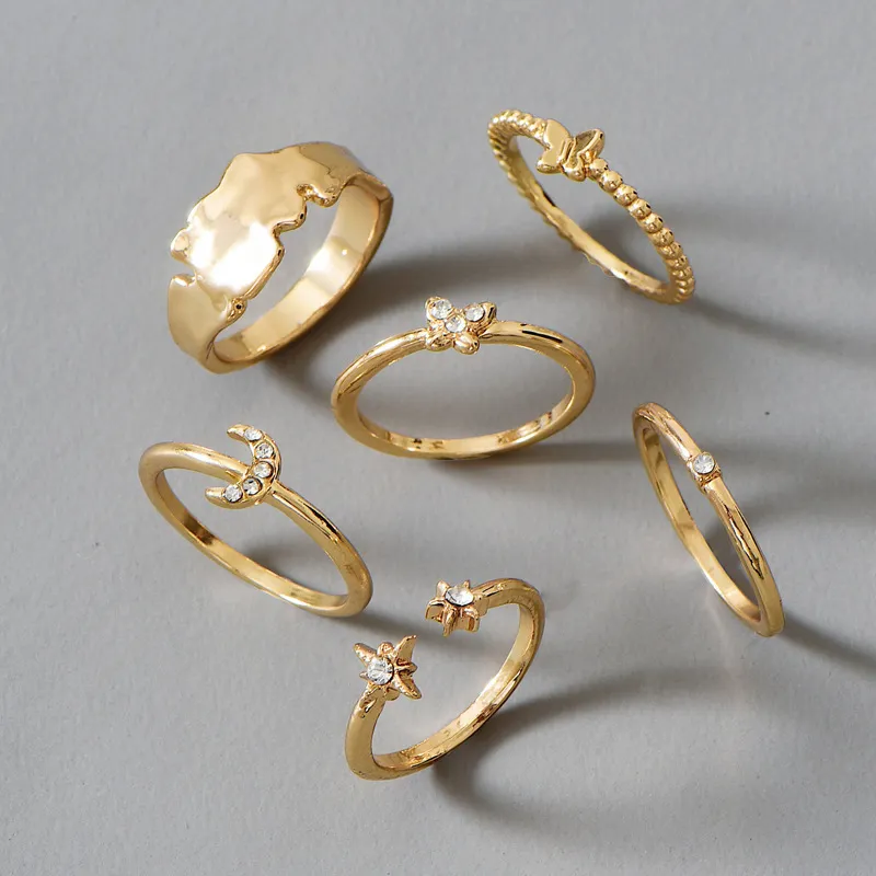 Modny i spersonalizowany zestaw pierścionek Księżyca motyla z 6 diamentami
