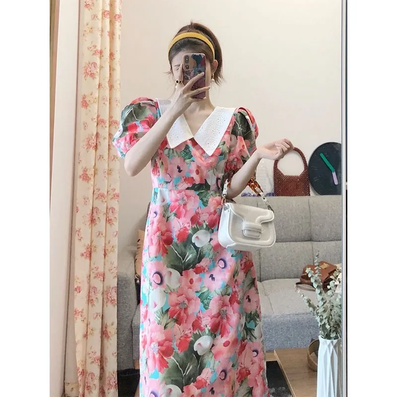 コロバフの新しい到着の甘いプリント女性のドレスヴィンテージのエレガントな韓国の女性のドレス夏のパフスリーブvestidos femme 210430