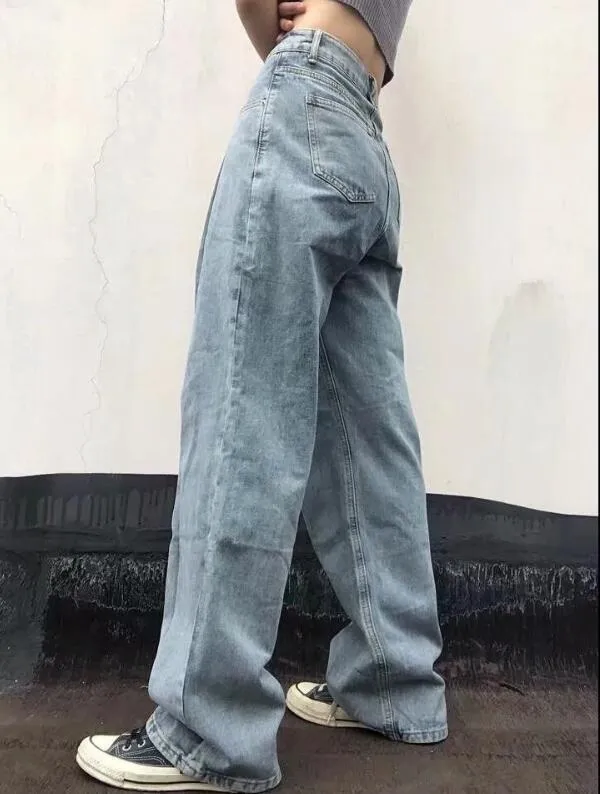 Autunno Vintage Vita alta Gamba larga Lunghezza del pavimento Jeans strappati Pantaloni da donna Boyfriend Denim Pantaloni lunghi da strada 210429