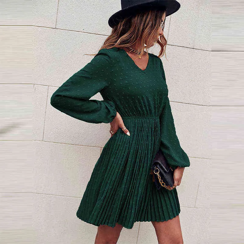 Elegant Solid Color Long Sleeve Party Dresses Fashion Office Ladies Elastic Waist A-Line Dress Casual Loose Spring Pleated Dress Y1204