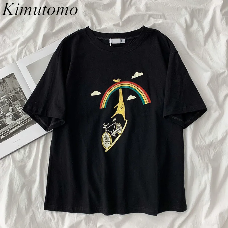Kimutomo Sommar T-shirt Kvinnor O-Neck Cartoon Printing Korta Ärmar Toppar Ladies Kawaii Kläder Casual Fashion 210521