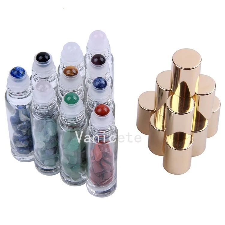 10ml Bouteilles d'emballage Pierres semi-précieuses naturelles Huile essentielle Gemstone Roller Ball Bouteille Verre clair Healing Crystal Chips T2I52493