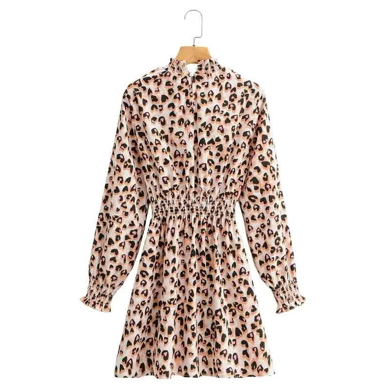Vårkvinnor Leopard Print Elastisk midja Mini Klänning Kvinna Långärmad Kläder Casual Lady Loose Vestido D7053 210430