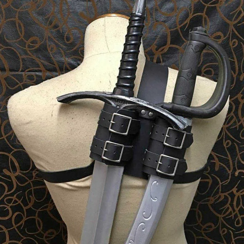 Medieval Witcher Double Back Scabbard For Sword Cutlass Holder Viking Pirate Warrior Leather Sheath Holster Cosplay Larp Costume Y2528