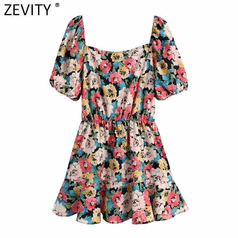 Zevity Women Vintage V Neck Rękaw Puff Elastyczne Talii Sukienka Sukienka Kobieta Chic Floral Print Casual Hem Wzburzyć Mini Vestido DS8275 210603