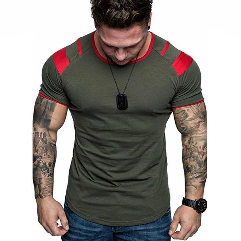 T-shirt O-collo da uomo Slim T-shirt manica corta High Street Uomo Estate Casual Muscle Fitness Top Patchwork Fashion Basic Tee 210603