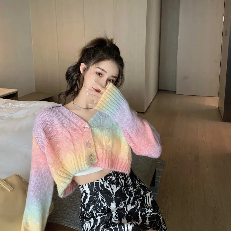 Automne tricoté Cardigan boutonné coréen mignon chandails recadrés femmes Kawaii Crop pull tricot haut Streetwear 210830