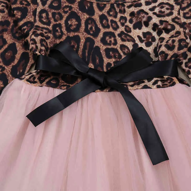 Girls Dress Kids Mesh Patchwork Leopard Bow Princess Fashion Toddler Baby Children Clothing 210515