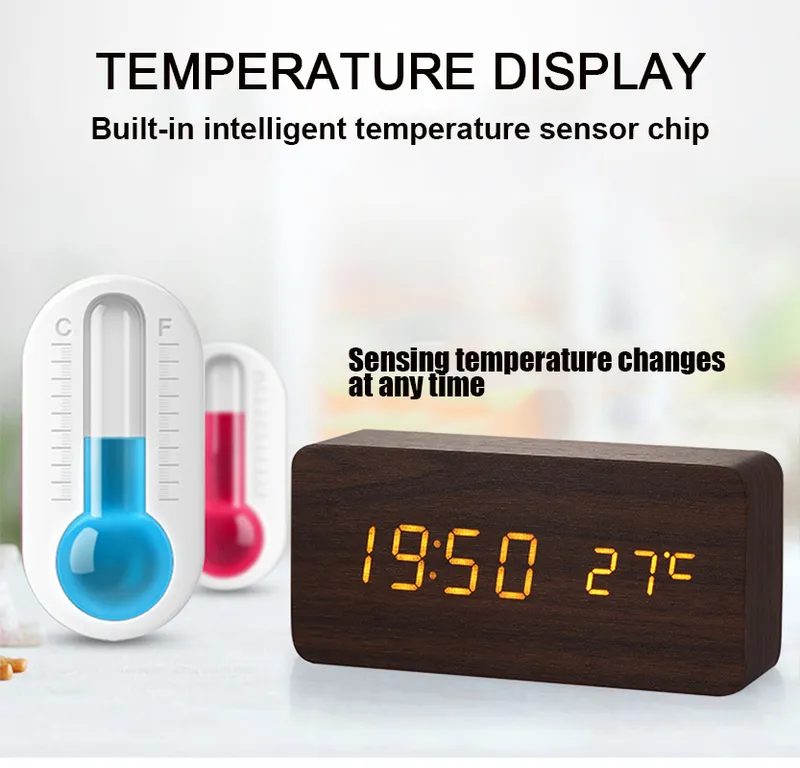 Wecker, LED, digital, Holz, USB/AAA-betrieben, Tischuhr mit Temperatur, Luftfeuchtigkeit, Sprachsteuerung, Größe elektronische Tischuhren 220311