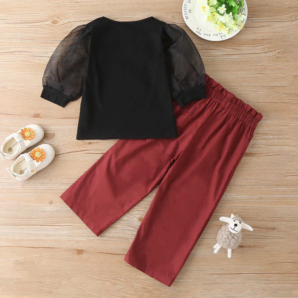 Enfants d'hiver Ensembles Casual Transparent T-shirt à manches longues à manches longues Bow Rouge Pantalon solide Jupe Vêtements pour filles 18M-6T 210629