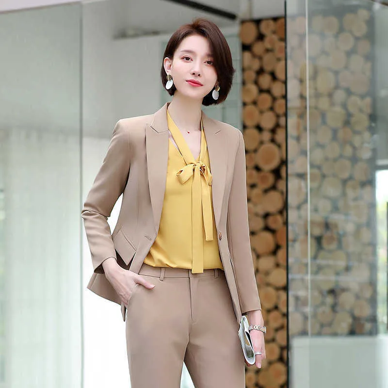 Högkvalitativa affärsbyxor Set Höst Slim Långärmad Kvinnors Blazer Temperament Office Suit Workwear Two-Pite 210527