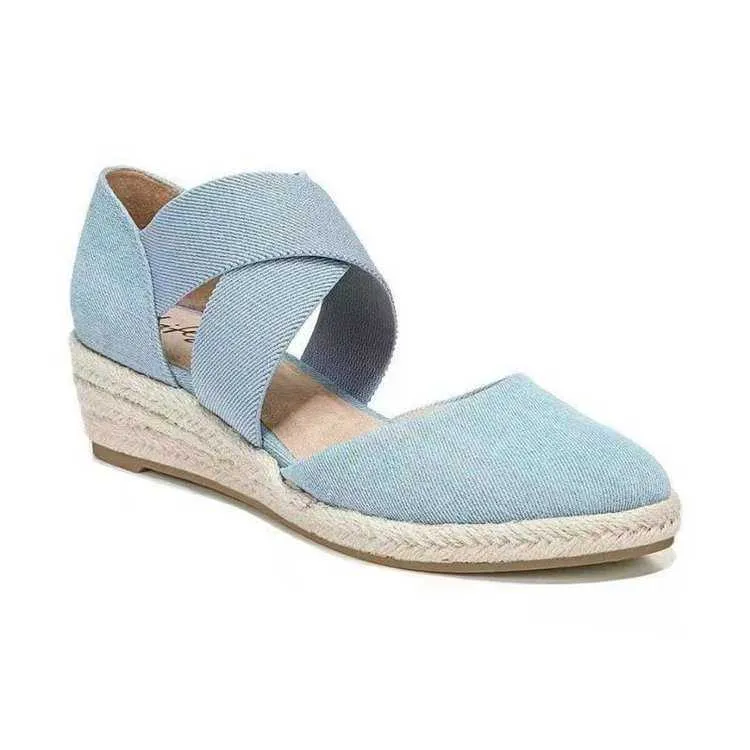 Wedges Sandals For Women Stretch Fabric Cross Shoes Woman 2021 Summer Casual Hemps Heels Ladies Pumps Footwear Plus Size 36-43 Y0721