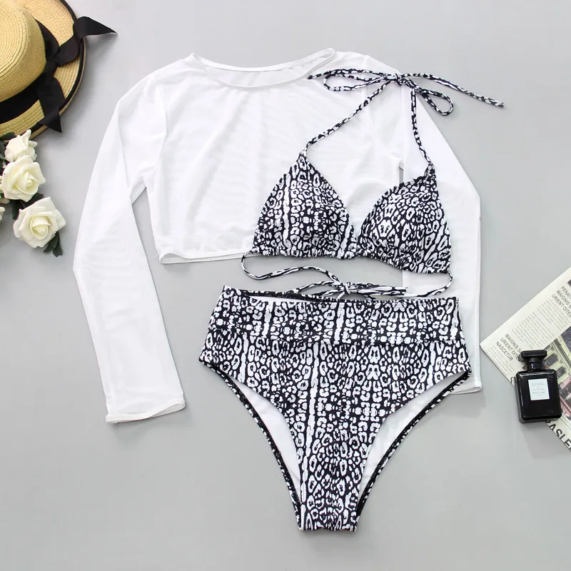 Bikinis Set Three Pieces Women Beachwear Leopard Push Up Bra Thong Solid Bathing Suit with Mesh Cover Ups Female Swimsuit 210515