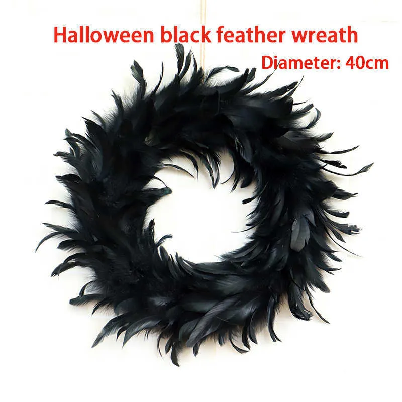 halloween fjäderkrans Svart naturliga fjädrar och skumcirkelmaterial Hängande Halloween kransparty dekoration 40cm Y0901