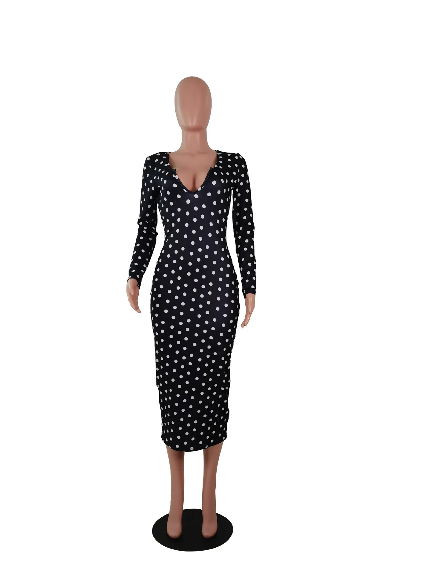 Sexy Frauen Schwarz Weiß Polka Dot Print Bleistift Kleid Low Neck Volle Hülse Bodycon Midi Kleider Elegante Hohe Taille Schlank vestido 210517