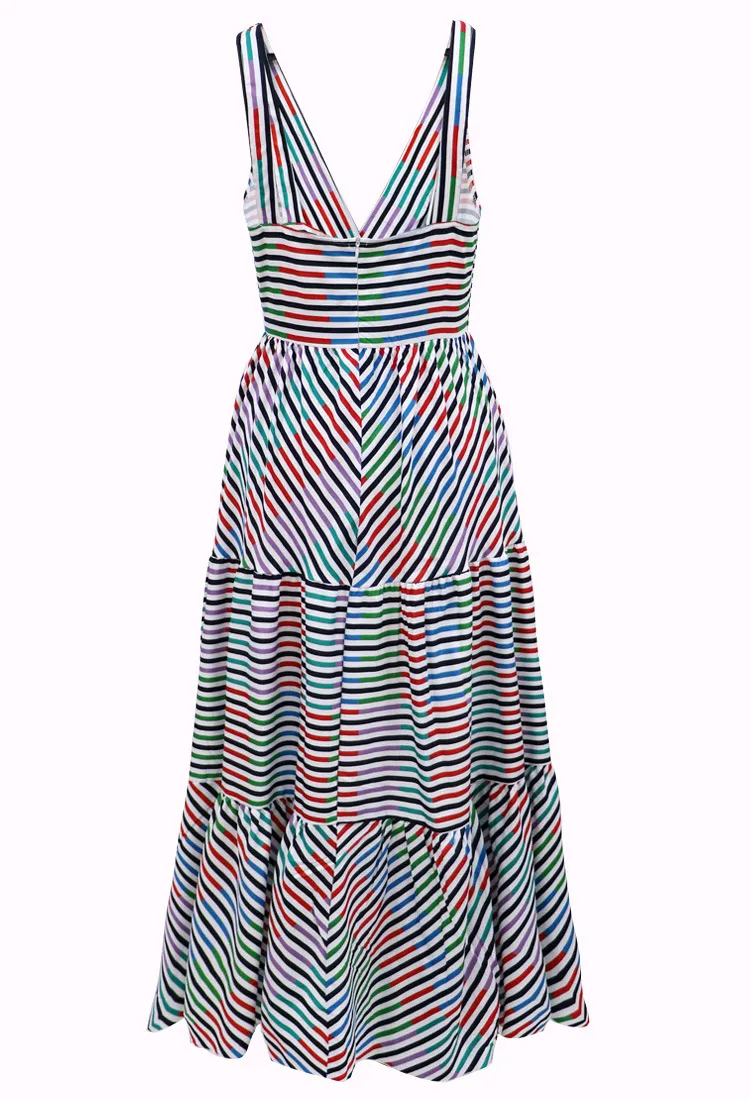 Damenkleid mit tiefem V-Ausschnitt, gestreift, bedruckt, Maxi, ärmellos, großer Swing, Spaghettiträger, Übergröße, Sommer, 210524