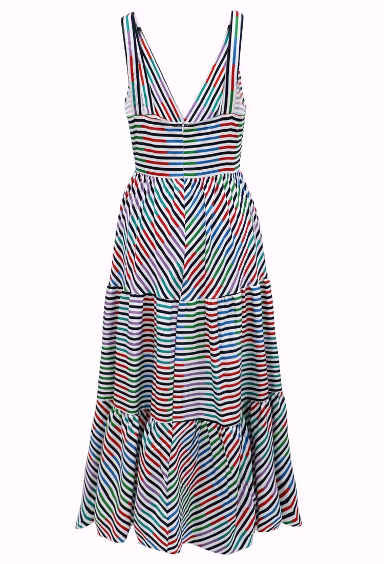 Dameskleding Diepe V-hals Stripe Gedrukt Maxi Mouwloze Big Swing Spaghetti Strap Es Plus Size Zomer ES 210524