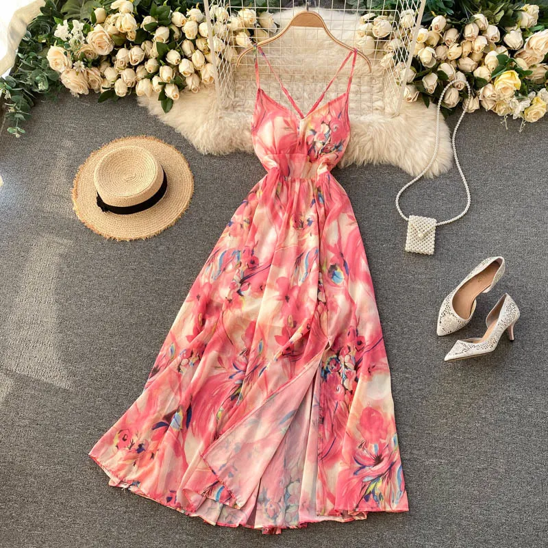 Summer Sexy Women Spaghetti Strap Backless Strapless Long Dress Casual Floral Print Split Beach Fairy 210423