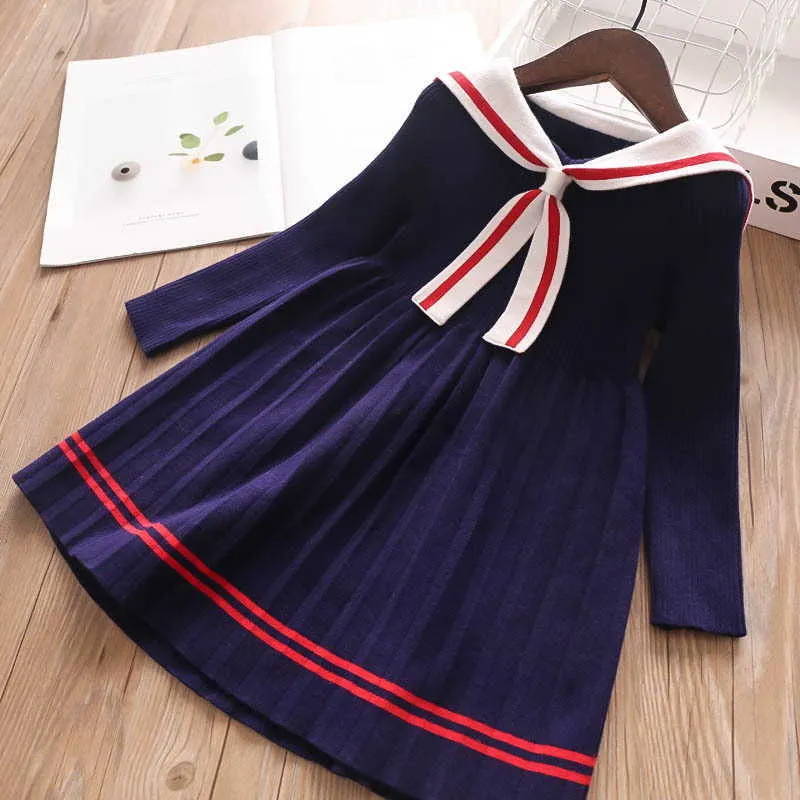 Cartoon Rabbit Sailor Collar Girls Dress Winter Knitted Cotton Preppy Style Baby Kids Clothes 2-10Y E3232 210610