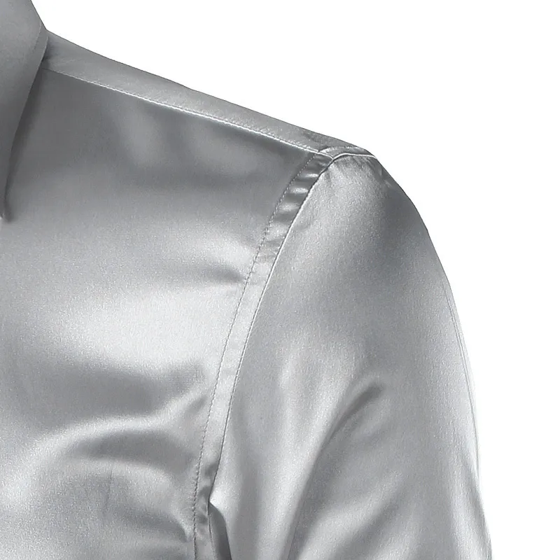 Шелковая мужская рубашка 2022, атласная гладкая мужская однотонная рубашка-смокинг, деловая сорочка Homme, повседневная приталенная блестящая золотая свадебная классическая рубашка 220222