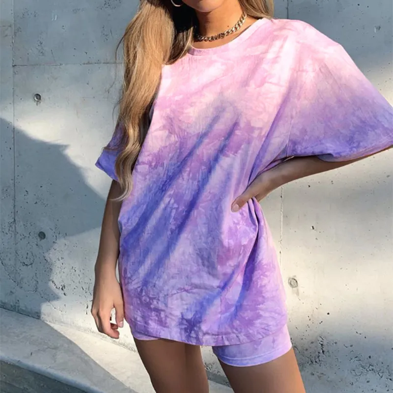 Wonder Tie Dye Korte Mouw Top Shirt Losse Biker Shorts Casual Tweedelige Set Streetwear Outfits Trainingspakken 210510