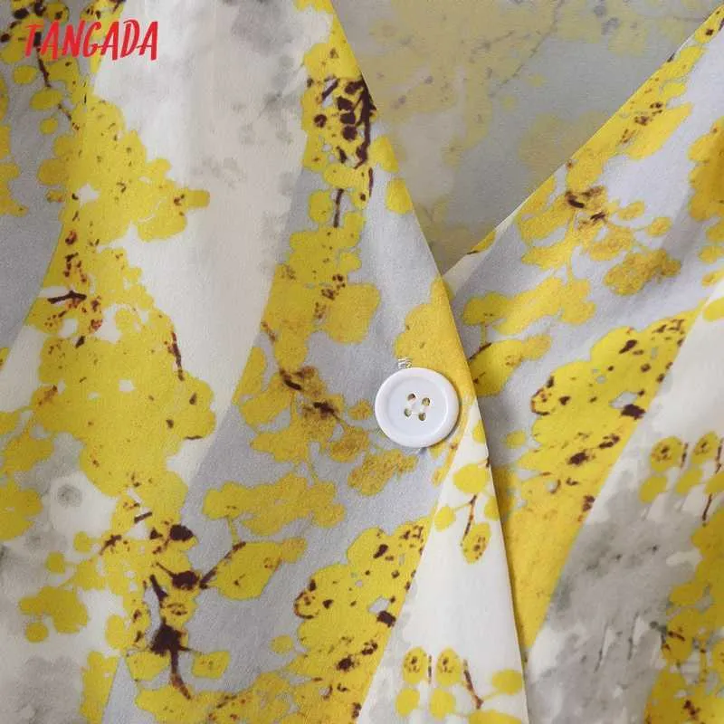 Tangada été femmes fleurs jaunes imprimer robe de style français boutons à manches courtes dames robe d'été 3Y10 210609