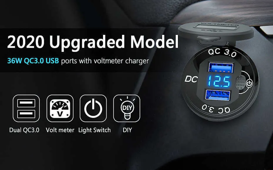 LEDディスプレイ36W 12V USBソケットカーQC3.0メタルスイッチの防水ユニバーサルトラックの車のライターソケットプラグのための電話タブレットカメラ
