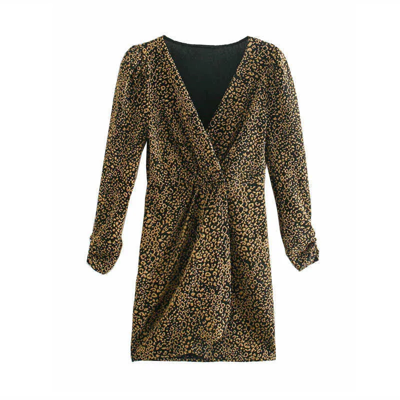 Za Vintage Zwierząt Drukuj Mini Dress Kobiety Długie Rękaw Puff Ramiona Leopard Party Sukienki Chic Asymetryczny Wrap Hem Vestido 210602