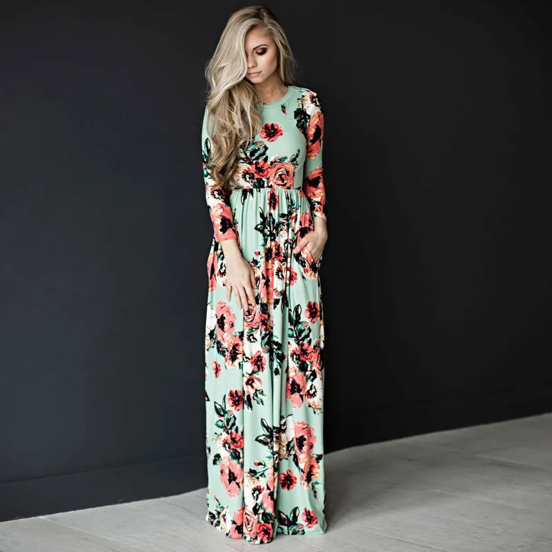 Hög midja golvlängd Svartvit Kvinnor Vår Långärmad Blomma Print Chiffon Dress 2966 50 210417