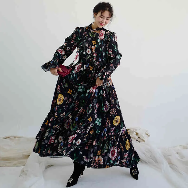 Korobov Korean Chic Flower Print Women Dress Vintage Elegant Stand Collar High Waist Flare Sleeve Dresses Fashion New Vestidos 210430