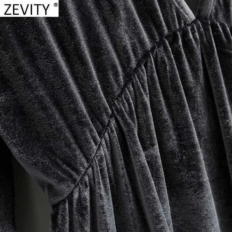 Zevity Women Vintage V Neck Fliss Solid Velvet Mini Dress Femme Retro Długim Rękawem Casual Vestido Chic Dresses DS4804 210603