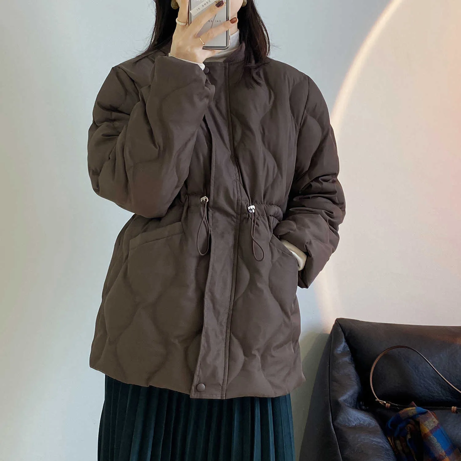 Veste en coton à col debout pour femme hiver mode coréenne Parka mi-longueur mince manteau de pain à manches longues 210607