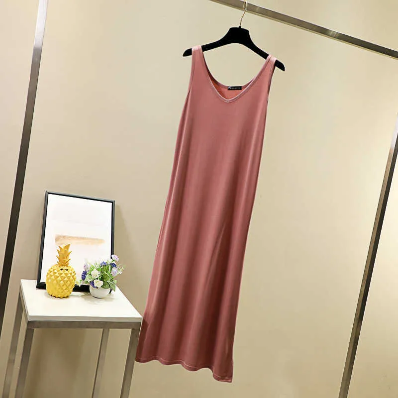 Estilo Base Camisole Vestido Verão Senhoras Long Plus Size Cor Sólida Vestido Slim W9123 210526