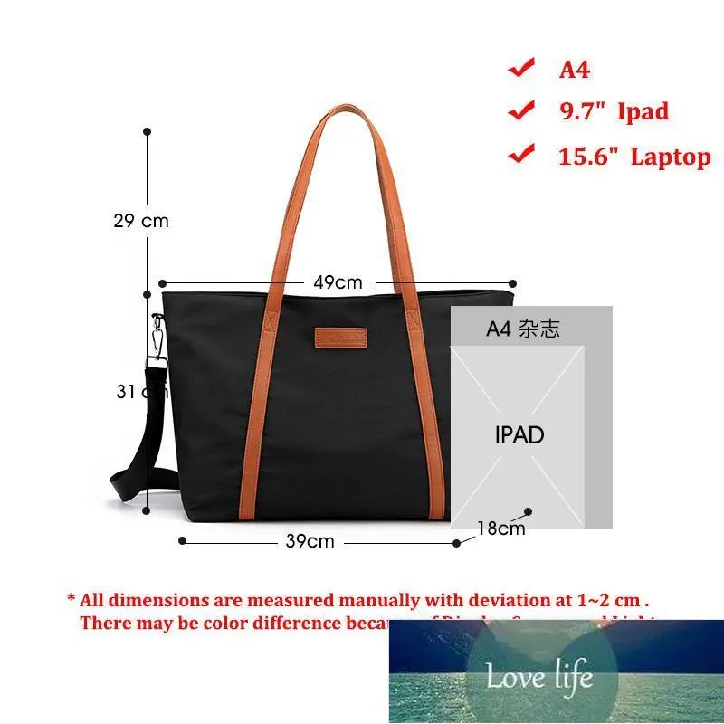 Casual Extra Large Nylon Tote Shoulder Bag Women's 15 6 Computer Travel Kvinna Big tyg Shopping Handväskor Damer Black Bags 236n