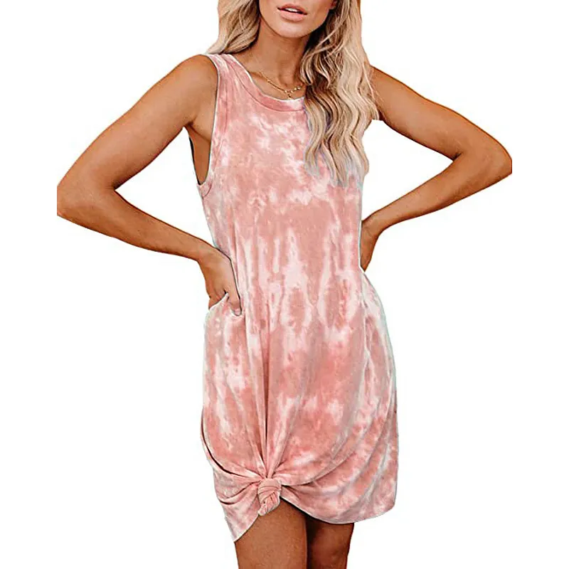 Abito da donna con stampa tie-dye Abito elegante casual con scollo a O senza maniche Mini abito estivo Plus Size Abiti da spiaggia da donna Vestidos 210507