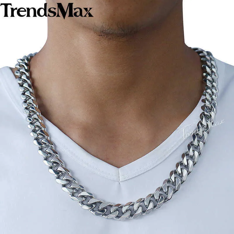 Trendsmax 316l Stainless Steel Men's Necklace, Brushed Matte Chain, Cuban Edge, Silver, 15mm Tone, Hnm18 Q0809