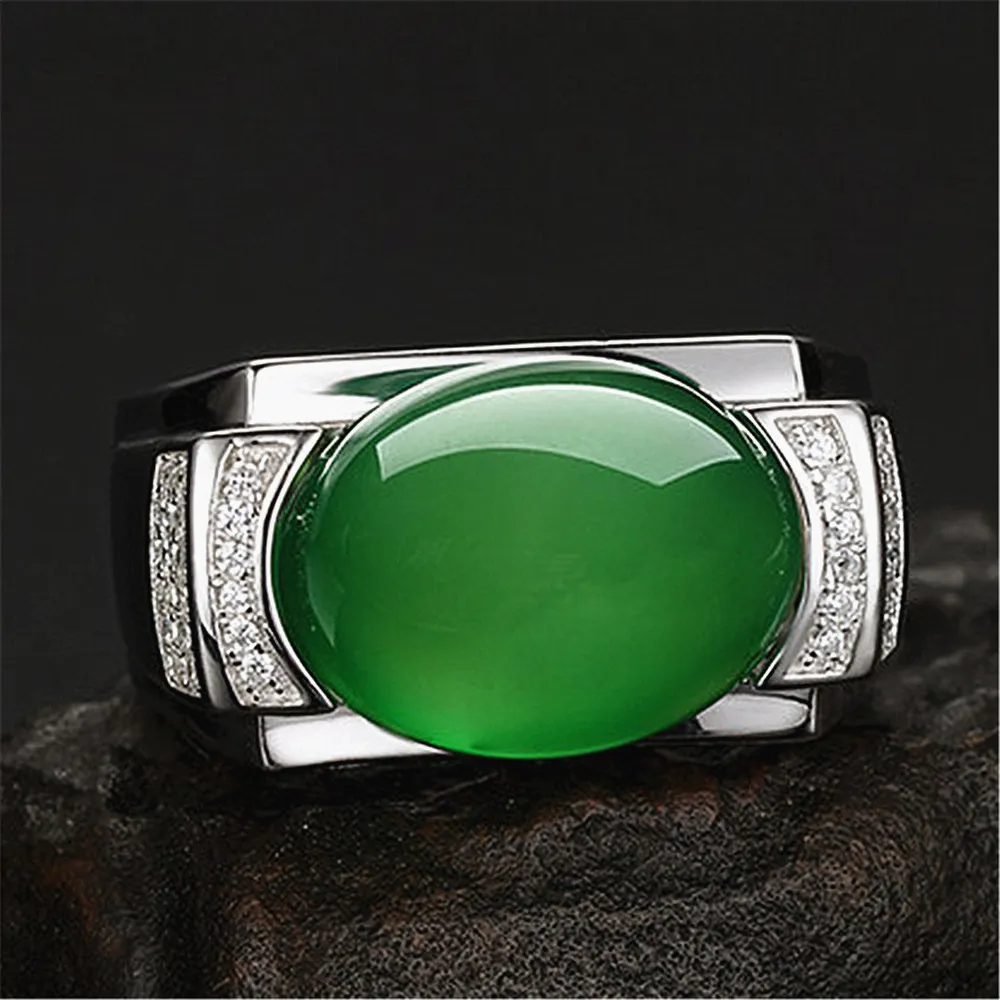 Vintage Emerald Agat Green Jade Gemstones Diamenty Pierścienie Dla Mężczyzn White Gold Silver Color Argent Biżuteria Bague Anillos Arabia