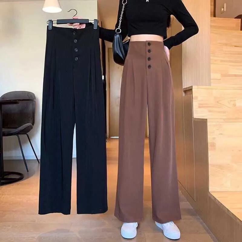 2021 New Wide Leg Pants Women Casual Pockets High-Waist Button Trousers Female Loose Straight Large Size Black Khaki Pants 2XL Q0801