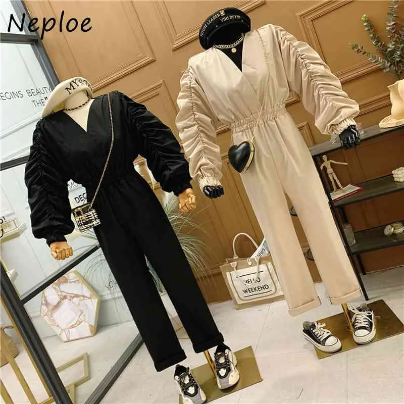 Neploe V Neck Pullover Long Sleeve Jumpsuits Women High Waist Hip Straight Bodysuit Femme Spring Draped Design Playsuit 210510