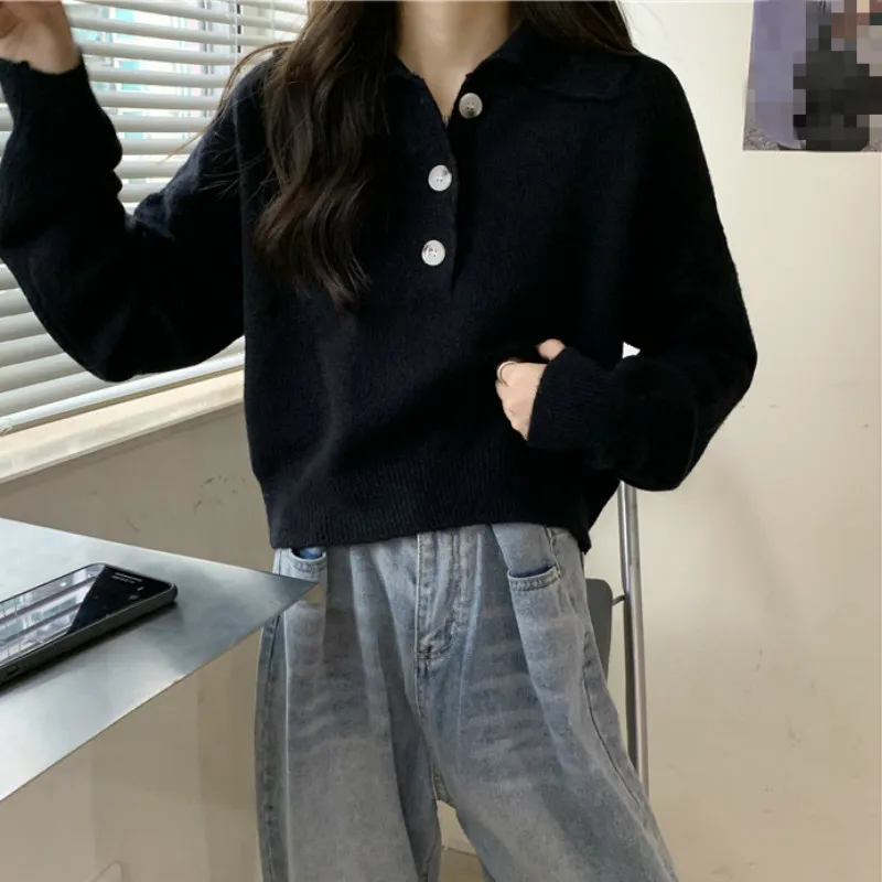 Ezgaga Sweet Fashion Dzianiny sweter Jumper Kobiety Koreański Turn-Down Collar Solidny przycisk Proste Luźne Pulower Panie Topy Dorywczo 210430