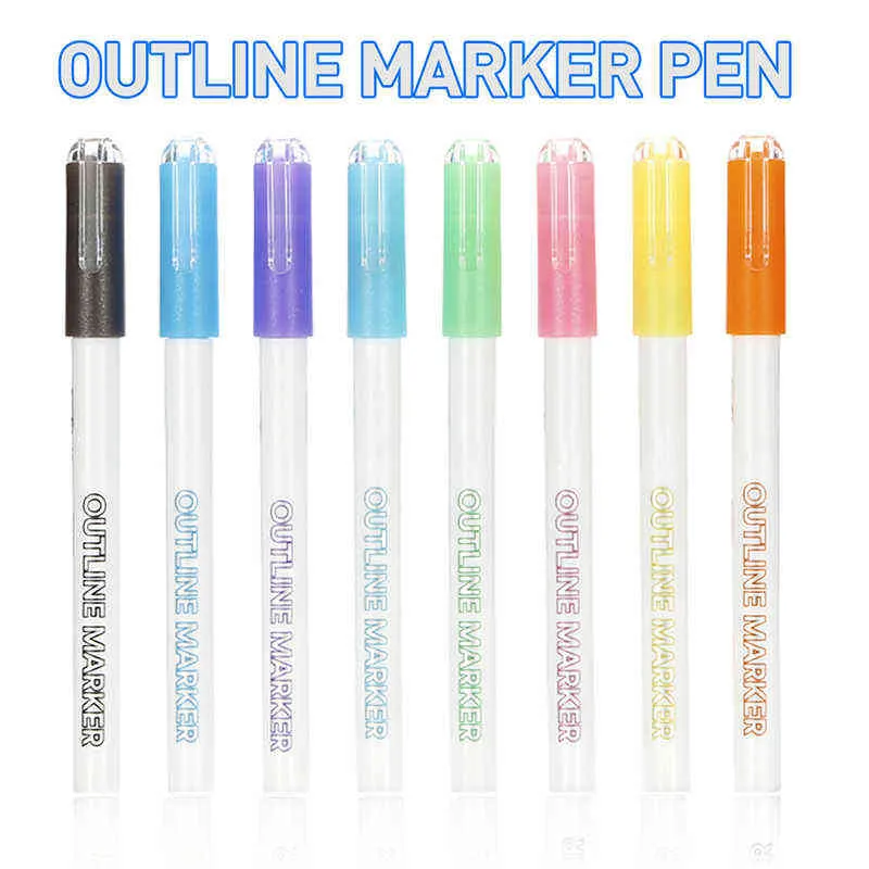 Double Line Pen, Glitter Marker Pen Fluorescent Outline Pens for Gift Card Writing, Drawing, DIY Art Crafts 211104