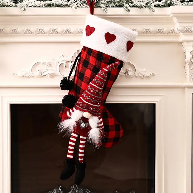 Красная черная сетка с кукла рождественские чулки рождественские подарочные мешок камин украшения носки новогодний держатель конфеты рождественские украшения