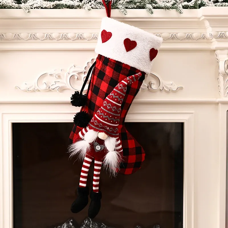 Red Black Grid With Doll Christmas Stockings Xmas Gift Bag Fireplace Decoration Socks New Year Candy Holder Christmas Decoration