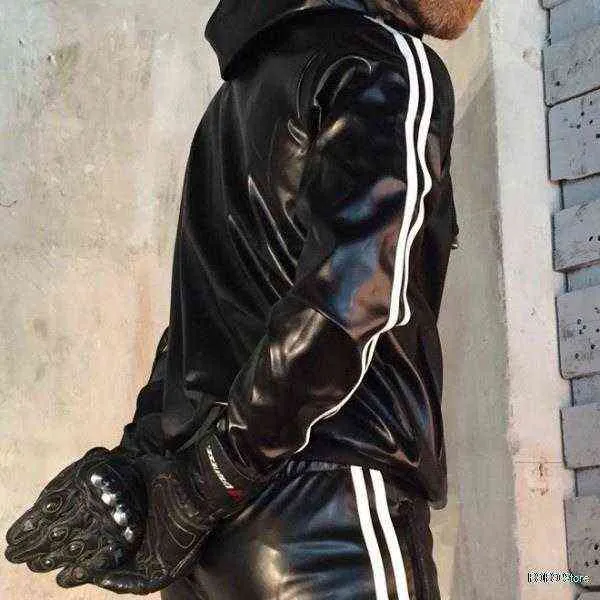 Мужская куртка из искусственной кожи Gloss Wetlook Jacket Hoodie Jogging Suit Sportswear 211220