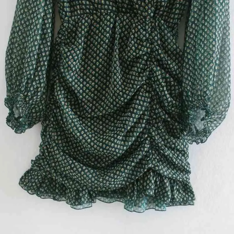 Femmes imprimées en mousseline de soie col en V plissée mini robe femme lanterne manches vêtements minces décontracté dame robe D6672 210331