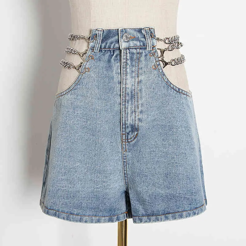 Chaîne en métal Denim Shorts Femme Sexy Évider Taille Haute Femmes Mode Vêtements Coréen D'été 210521