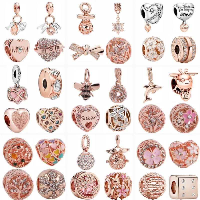 45 Arten roségoldfarbene herzförmige Bienen-Blumen-Schneeflocken-Anhänger für Pandora-Charm-Armbänder, DIY-Silberfarben-Perlen-Schmuck