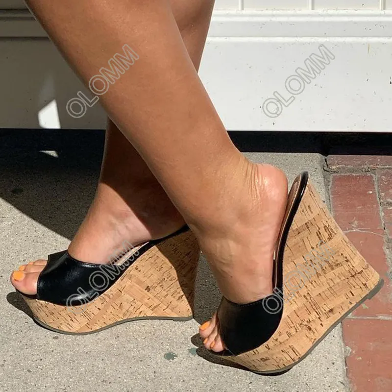 Olomm nieuwe mode dames zomer muilezels sandalen slippers wiggen hakken peep teen klassiekers zwarte casual schoenen vrouwen ons plus maat 5-20
