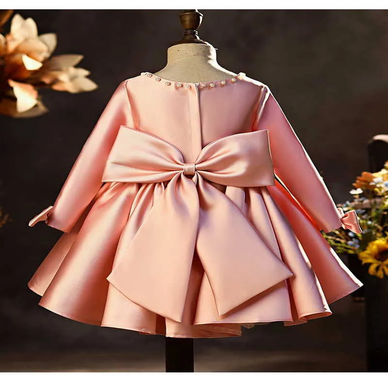 Spring Teenagers Girl Dresses Pearl Collar Bow Pink Princess for Party Wedding Piano Perform Kids Clothes E1041 210610