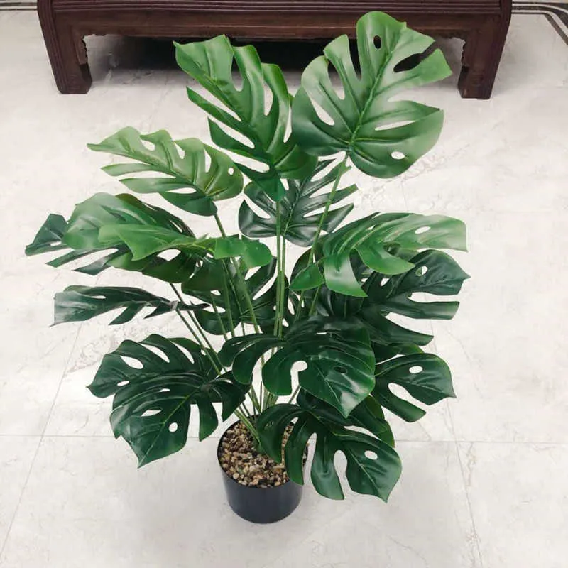 70cm 18 gaffel konstgjorda Monstera bunke tropiska gröna palnts gren butik blomma el kontor år heminredning tillbehör 211104